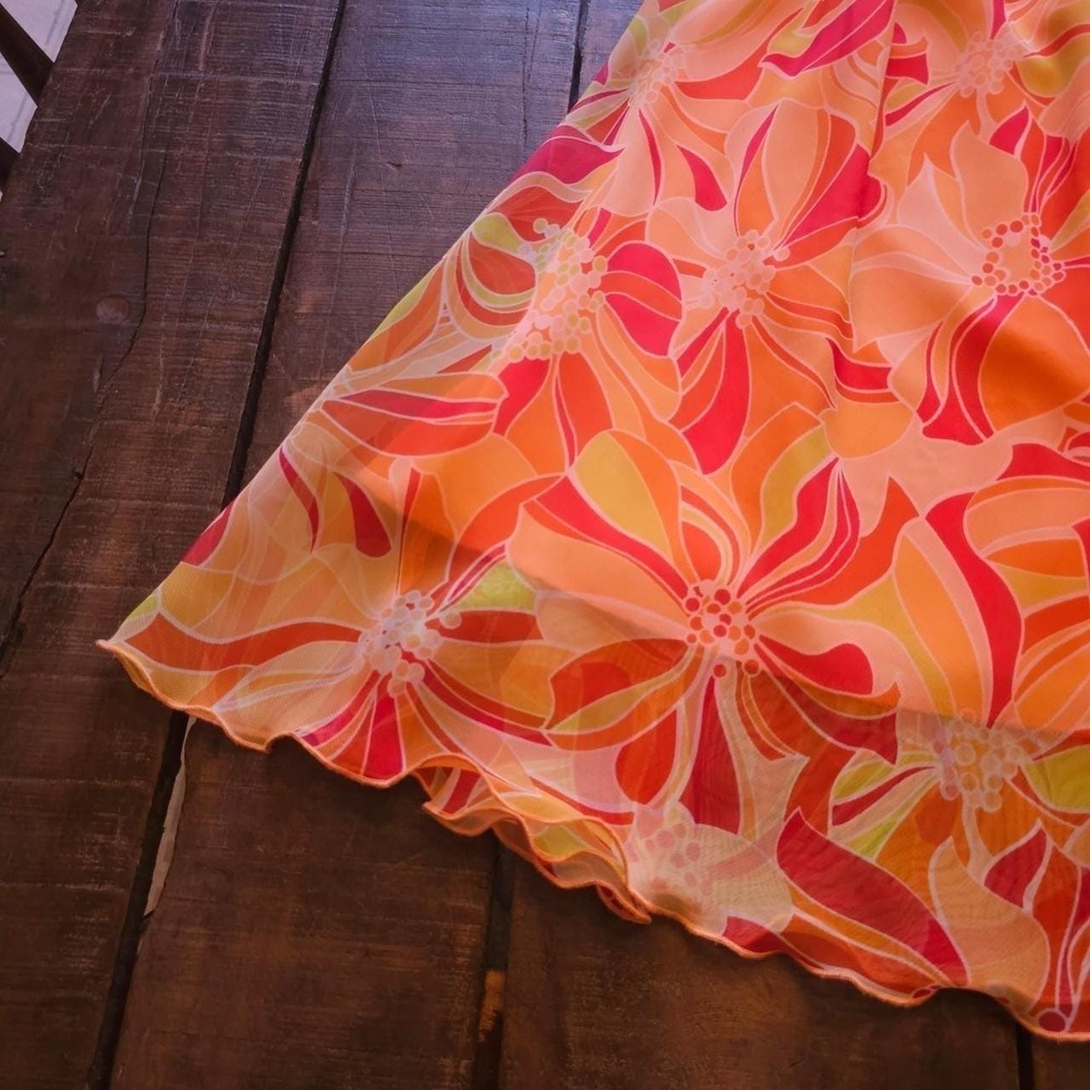 Y2K Early 2000s Orange & Pink Floral Print Dress Ruffle Summer Sun Dress Vintage - Picture 5 of 8